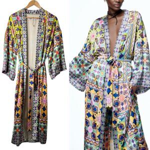 ZARA Stain Printed Kimono Long Belted Slits Small Blogger Fav Resort Vacay New